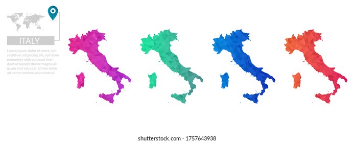 Set of vector polygonal Italy maps. Bright gradient map of country in low poly style. Multicolored country map in geometric style for your infographics, polygonal design for your ,Vector eps 10.