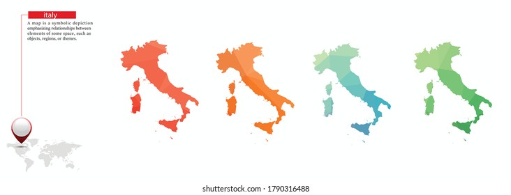Set of vector polygonal Italy maps. Bright gradient map of country in low poly style. Multicolored country map in geometric style for your infographics, polygonal design for your ,Vector eps 10.