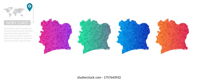 Conjunto de mapas vectoriales de Costa de Marfil. Mapa de degradado brillante de país con un estilo de polos bajo. Mapa de país multicolor en estilo geométrico para sus infografías, diseño poligonal para sus ,Vector eps 10.