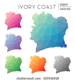 Set of vector polygonal Ivory Coast maps. Bright gradient map of country in low poly style. Multicolored country map in geometric style for your infographics.
