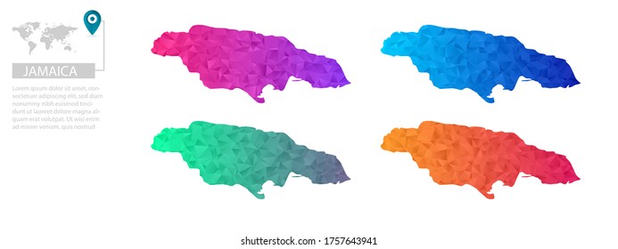 Set of vector polygonal Jamaica maps. Bright gradient map of country in low poly style. Multicolored country map in geometric style for your infographics, polygonal design for your ,Vector eps 10.