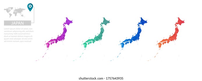 Conjunto de mapas vectoriales poligonales de Japón. Mapa de degradado brillante de país con un estilo de polos bajo. Mapa de país multicolor en estilo geométrico para sus infografías, diseño poligonal para sus ,Vector eps 10.
