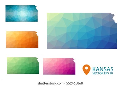 Set of vector polygonal Kansas state maps. Bright gradient map of country in low poly style. Multicolored country map in geometric style for your infographics. Vector illustration eps 10.