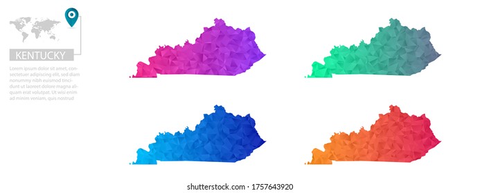 Set of vector polygonal Kentucky maps. Bright gradient map of country in low poly style. Multicolored country map in geometric style for your infographics, polygonal design for your ,Vector eps 10.