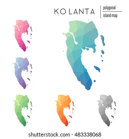Set of vector polygonal Ko Lanta maps filled with bright gradients in a low poly art style. Multicolored polygonal Ko Lanta maps in geometric style for infographics.