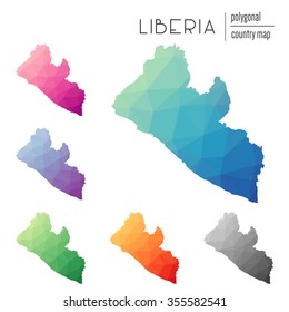 Set of vector polygonal Liberia maps. Bright gradient map of country in low poly style. Multicolored country map in geometric style for your infographics.
