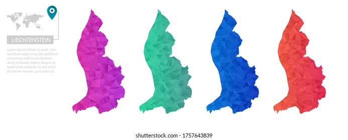 Conjunto de mapas vectoriales poligonales de Liechtenstein. Mapa de degradado brillante de país con un estilo de polos bajo. Mapa de país multicolor en estilo geométrico para sus infografías, diseño poligonal para su