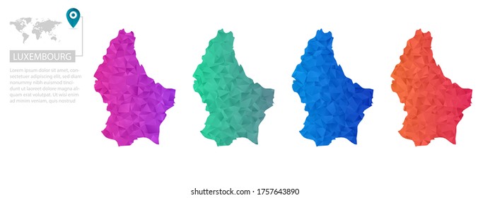 Set of vector polygonal Luxembourg maps. Bright gradient map of country in low poly style. Multicolored country map in geometric style for your infographics, polygonal design for your ,Vector eps 10.