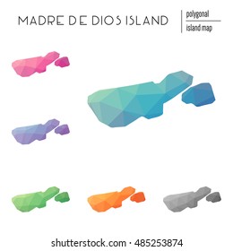 Set of vector polygonal Madre de Dios Island maps filled with bright gradient of low poly art. Multicolored polygonal Madre de Dios Island maps in geometric style for your infographics.