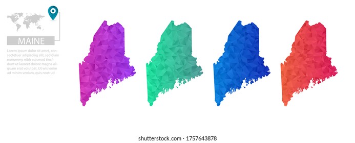 Set of vector polygonal Maine maps. Bright gradient map of country in low poly style. Multicolored country map in geometric style for your infographics, polygonal design for your ,Vector eps 10.