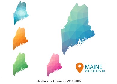 Set of vector polygonal Maine maps. Bright gradient map of country in low poly style. Multicolored country map in geometric style for your infographics. Vector illustration eps 10.