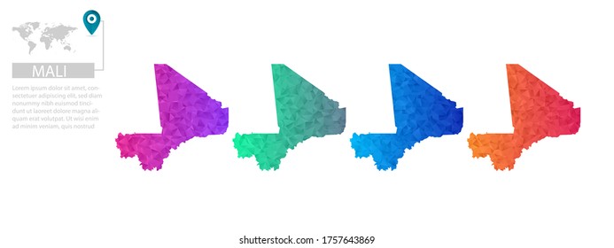 Set of vector polygonal Mali maps. Bright gradient map of country in low poly style. Multicolored country map in geometric style for your infographics, polygonal design for your ,Vector eps 10.