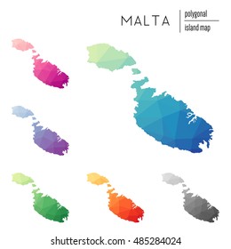 Set of vector polygonal Malta maps filled with bright gradient of low poly art. Multicolored polygonal Malta maps in geometric style for your infographics.