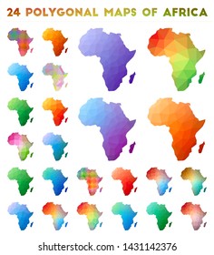 Set of vector polygonal maps of Africa. Bright gradient map of continent in low poly style. Multicolored Africa map in geometric style for your infographics.