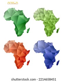Set of vector polygonal maps of Africa. Bright gradient map of continent in low poly style. Multicolored Africa map in geometric style for your infographics. Amazing vector illustration.
