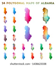Set of vector polygonal maps of Albania. Bright gradient map of the country in low poly style. Multicolored Albania map in geometric style for your infographics.