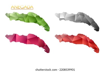 Set of vector polygonal maps of Anegada. Bright gradient map of island in low poly style. Multicolored Anegada map in geometric style for your infographics. Classy vector illustration.