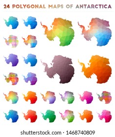 Set of vector polygonal maps of Antarctica. Bright gradient map of country in low poly style. Multicolored Antarctica map in geometric style for your infographics.