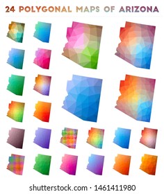 Set of vector polygonal maps of Arizona. Bright gradient map of US state in low poly style. Multicolored Arizona map in geometric style for your infographics.