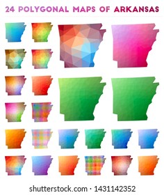 Set of vector polygonal maps of Arkansas. Bright gradient map of us state in low poly style. Multicolored Arkansas map in geometric style for your infographics.