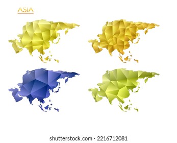 Set of vector polygonal maps of Asia. Bright gradient map of continent in low poly style. Multicolored Asia map in geometric style for your infographics. Appealing vector illustration.