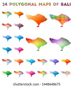 Set of vector polygonal maps of Bali. Bright gradient map of island in low poly style. Multicolored Bali map in geometric style for your infographics.