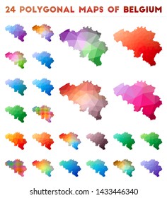 Set of vector polygonal maps of Belgium. Bright gradient map of country in low poly style. Multicolored Belgium map in geometric style for your infographics.