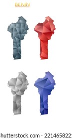 Set of vector polygonal maps of Benin. Bright gradient map of country in low poly style. Multicolored Benin map in geometric style for your infographics. Superb vector illustration.