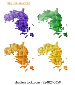 Set of vector polygonal maps of Bintan Island. Bright gradient border map in low poly style. Multicolored Bintan Island map in geometric style for your infographics. Stylish vector illustration.