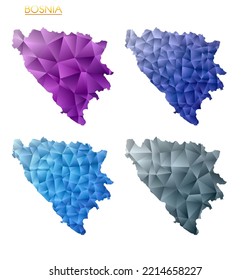 Set of vector polygonal maps of Bosnia. Bright gradient map of country in low poly style. Multicolored Bosnia map in geometric style for your infographics. Artistic vector illustration.