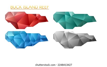 Conjunto de mapas poligonales vectoriales del arrecife de la isla de Buck. Mapa del borde del degradado brillante en un estilo de polo bajo. Mapa multicolor del arrecife de la isla Buck en estilo geométrico para sus infografías.