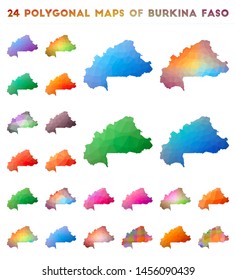 Set of vector polygonal maps of Burkina Faso. Bright gradient map of country in low poly style. Multicolored Burkina Faso map in geometric style for your infographics.