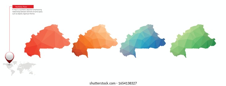 Conjunto de mapas pológicos vectoriales de Burkina Faso. Mapa de degradado brillante de país en estilo de poste bajo. Mapa multicolor de Burkina Faso en estilo geométrico para tus infografías.