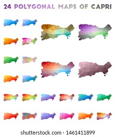 Set of vector polygonal maps of Capri. Bright gradient map of island in low poly style. Multicolored Capri map in geometric style for your infographics.