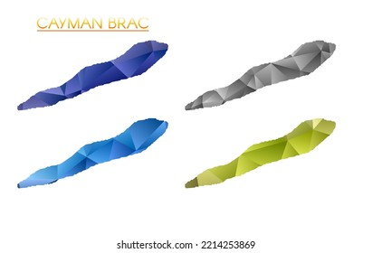 Set of vector polygonal maps of Cayman Brac. Bright gradient map of island in low poly style. Multicolored Cayman Brac map in geometric style for your infographics. Astonishing vector illustration.