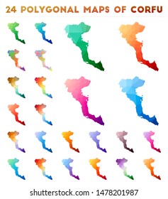 Set of vector polygonal maps of Corfu. Bright gradient map of island in low poly style. Multicolored Corfu map in geometric style for your infographics.