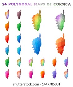 Set of vector polygonal maps of Corsica. Bright gradient map of island in low poly style. Multicolored Corsica map in geometric style for your infographics.