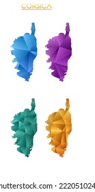 Set of vector polygonal maps of Corsica. Bright gradient map of the island in a low poly style. Multicolored Corsica map in geometric style for your infographics. Classy vector illustration.