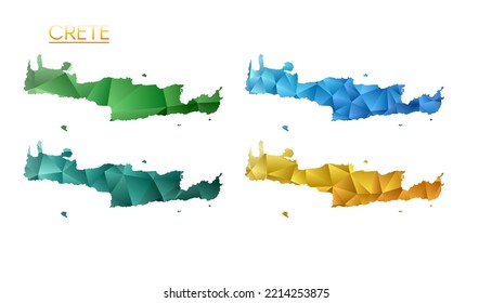 Satz von Vektorkarten für Kreta. Helle Farbverlauf-Karte der Insel im Low-Poly-Stil. Mehrfarbige Kreta-Karte im geometrischen Stil für Ihre Infografiken. Coole Vektorgrafik.