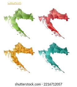 Set of vector polygonal maps of Croatia. Bright gradient map of country in low poly style. Multicolored Croatia map in geometric style for your infographics. Captivating vector illustration.