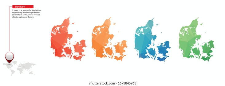 Set of vector polygonal maps of Denmark. Bright gradient map of country in low poly style. Multicolored Denmark map in geometric style for your infographics.
