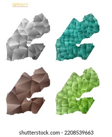 Set of vector polygonal maps of Djibouti. Bright gradient map of country in low poly style. Multicolored Djibouti map in geometric style for your infographics. Astonishing vector illustration.