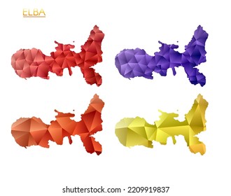 Set of vector polygonal maps of Elba. Bright gradient map of island in low poly style. Multicolored Elba map in geometric style for your infographics. Elegant vector illustration.