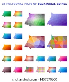 Set of vector polygonal maps of Equatorial Guinea. Bright gradient map of country in low poly style. Multicolored Equatorial Guinea map in geometric style for your infographics.