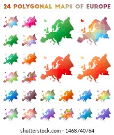 Set of vector polygonal maps of Europe. Bright gradient map of continent in low poly style. Multicolored Europe map in geometric style for your infographics.
