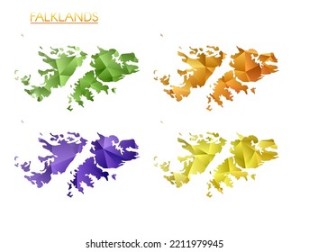 Conjunto de mapas poligonales vectoriales de Malvinas. Mapa de degradado brillante de país con un estilo de polos bajo. Mapa de Malvinas multicolores en estilo geométrico para sus infografías. Ilustración vectorial limpia.