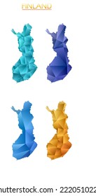 Satz von Vektorkarten von Finnland. Helle Farbverlauf-Karte des Landes im Low-Poly-Stil. Mehrfarbige Finnlandkarte im geometrischen Stil für Ihre Infografiken. Elegante Vektorgrafik.
