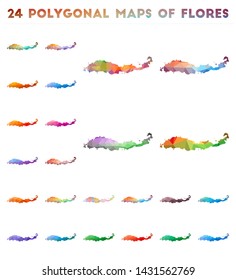 Set of vector polygonal maps of Flores. Bright gradient map of island in low poly style. Multicolored Flores map in geometric style for your infographics.