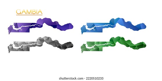Conjunto de mapas poligonales vectoriales de Gambia. Mapa de degradado brillante de país con un estilo de polos bajo. Mapa de Gambia multicolor en estilo geométrico para tus infografías. Increíble ilustración vectorial.