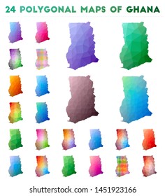 Set of vector polygonal maps of Ghana. Bright gradient map of country in low poly style. Multicolored Ghana map in geometric style for your infographics.